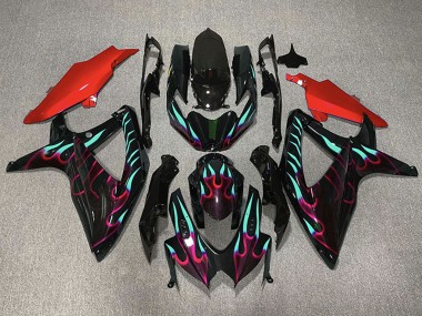 2008-2010 Glossy Black Red Cyan Flame Suzuki GSXR 600 / GSXR 750 Motorcycle Fairings UK