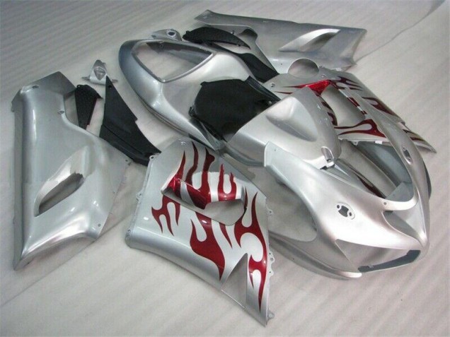 2005-2006 Silver Red Flames Kawasaki ZX6R Motorcycle Fairings UK 2005-2006 Silver Red Flames Kawasaki ZX6R Motorcycle Fairings UK
