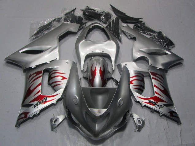 2005-2006 Silver Red Flame Ninja Kawasaki ZX6R Motorcycle Replacement Fairings UK 2005-2006 Silver Red Flame Ninja Kawasaki ZX6R Motorcycle Replacement Fairings UK